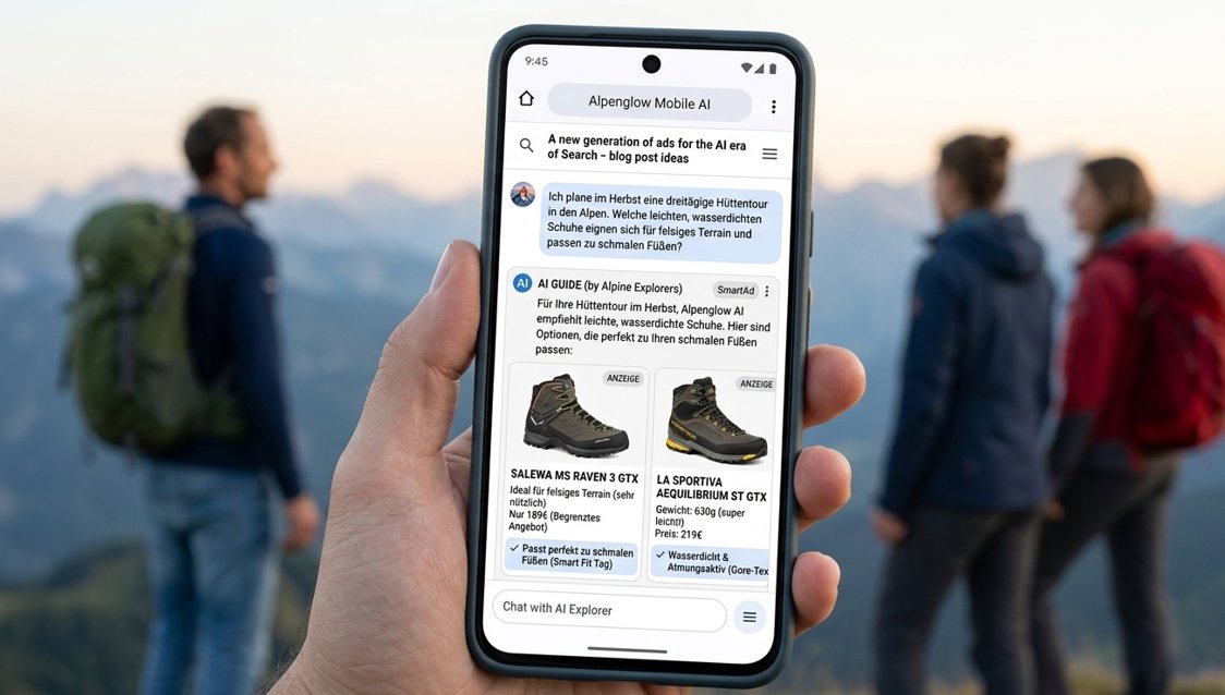 Google Ads Dashboard mit KI-gestützter Leistungsprognose und AI-generierten Anzeigenideen für nachhaltige Laufschuhe