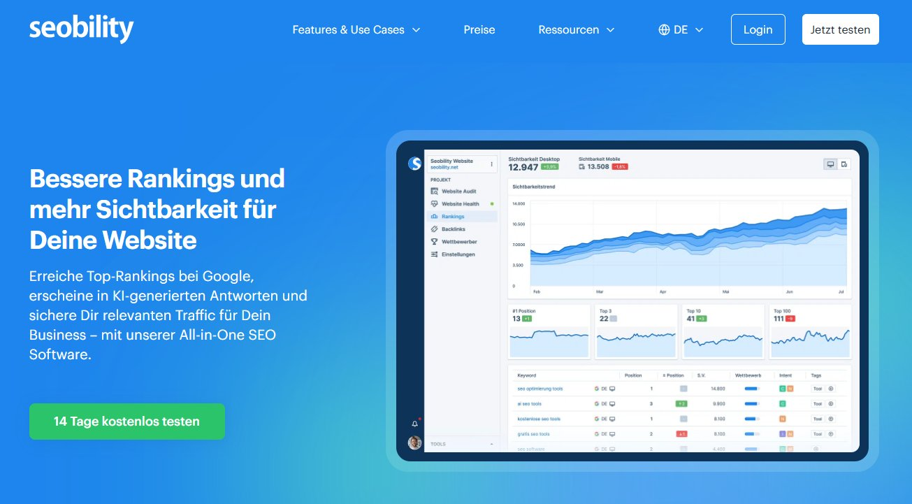 Seobility SEO Tool Screenshot – Better Rankings and More Visibility for SMBs with All-in-One SEO Software Dashboard