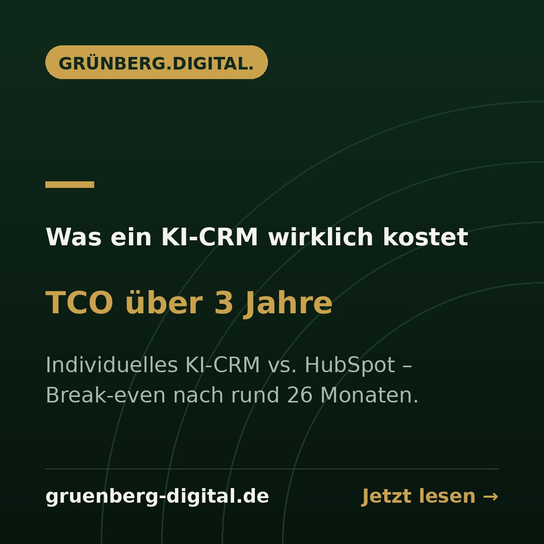 Was ein individuelles KI-CRM wirklich kostet – TCO über 3 Jahre und Break-even gegenüber HubSpot – Grünberg.Digital. KI-Blog